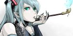  1girl a-type_corporation android aqua_hair face fingernails green_eyes hatsune_miku holding holding_pipe kiseru open_mouth pipe pointy_ears portrait sharp_fingernails solo twintails vocaloid 