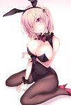  1girl :&gt; animal_ears black_legwear blush breasts bunnysuit cleavage eyebrows_visible_through_hair fake_animal_ears fate/grand_order fate_(series) hairband high_heels large_breasts looking_at_viewer nanashino_kanon pantyhose pink_hair rabbit_ears shielder_(fate/grand_order) short_hair sitting solo violet_eyes wariza 