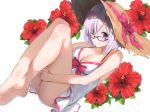  1girl bangs blush breasts cleavage closed_mouth dress eyebrows_visible_through_hair fate/grand_order fate_(series) floral_background flower hair_over_one_eye halter_dress halterneck hat hibiscus large_breasts leg_hug legs_crossed legs_together looking_at_viewer paseri purple-framed_eyewear purple_hair red_flower shielder_(fate/grand_order) short_hair smile solo straw_hat sun_hat tareme violet_eyes white_dress 