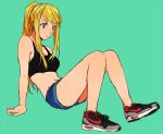  1girl aqua_background bangs bare_arms bare_legs bare_shoulders blonde_hair blue_eyes expressionless eyebrows_visible_through_hair fullmetal_alchemist long_hair looking_away ponytail riru shoes shorts sitting sneakers solo sports_bra winry_rockbell 