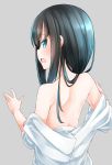  1girl asashio_(kantai_collection) back bare_shoulders black_hair blue_eyes comah grey_background kantai_collection long_hair open_mouth shirt simple_background solo undressing white_shirt 