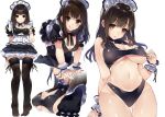  1girl :q all_fours bikini bikini_under_clothes black_bikini black_eyes black_hair black_legwear breasts brown_eyes brown_hair cleavage closed_mouth cowboy_shot eyebrows_visible_through_hair gluteal_fold kou_mashiro large_breasts long_hair looking_at_viewer maid maid_headdress multiple_views navel original simple_background standing swimsuit thigh-highs tongue tongue_out under_boob white_background wrist_cuffs 