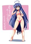  1girl ahoge bikini blue_hair breasts full_body green_eyes izumi_konata long_hair lucky_star mizushima_(p201112) nail_polish navel pink_bikini pink_nails small_breasts solo standing swimsuit toenail_polish translation_request v very_long_hair 