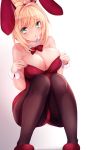  1girl animal_ears black_legwear blonde_hair blush bow bowtie breasts bunnysuit cleavage eyebrows_visible_through_hair fake_animal_ears fate/grand_order fate_(series) female green_eyes hairband large_breasts looking_at_viewer nanashino_kanon pantyhose parted_lips rabbit_ears red_bow red_bowtie saber short_hair solo squatting twitter_username 