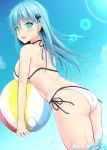  1girl aqua_hair ass ball beachball bikini blush breasts day dutch_angle from_behind green_eyes hair_between_eyes hair_ornament hairclip highres kantai_collection large_breasts lens_flare long_hair looking_back open_mouth side-tie_bikini sideboob sky solo suzuya_(kantai_collection) swimsuit takeyuu upper_body wading white_bikini 