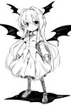  &gt;:o 1girl :o bat_wings blazer buttons child frilled_skirt frills full_body hair_between_eyes head_wings jacket juliet_sleeves koakuma loafers long_hair long_sleeves looking_at_viewer monochrome necktie pantyhose pointy_ears puffy_sleeves samezamekoban shadow shoes sidelocks simple_background skirt skirt_set solo touhou very_long_hair white_background wings younger 