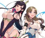  2girls :d ane_naru_mono armor bangs black_hair blunt_bangs blush breasts brown_hair chiyo_(ane_naru_mono) cleavage cowboy_shot crossover demon_horns elbow_gloves eyeball eyebrows_visible_through_hair floating_hair fur_collar gloves highres holding horns large_breasts long_hair looking_at_viewer multiple_girls open_mouth outstretched_arms parted_bangs pochi_(pochi-goya) purple_gloves revealing_clothes simple_background smile straight_hair tsuujou_kougeki_ga_zentai_kougeki_de_ni-kai_kougeki_no_okaasan_wa_suki_desu_ka? ujimatsu_chiya v_arms violet_eyes white_background white_gloves 