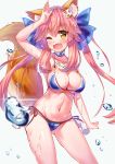  1girl animal_ears bikini blue_bikini breasts cleavage collarbone fang fate/grand_order fate_(series) fox_ears fox_tail groin hair_ribbon highres large_breasts long_hair looking_at_viewer navel one_eye_closed open_mouth pink_hair pupupu_(1053378452) ribbon simple_background solo swimsuit tail tamamo_(fate)_(all) tamamo_cat_(fate) wet white_background yellow_eyes 