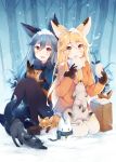  2girls :d animal animal_ears animal_on_lap bag bangs baozi black_bow black_bowtie black_gloves black_legwear blonde_hair bow bowtie brown_eyes eating eyebrows_visible_through_hair ezo_red_fox_(kemono_friends) food forest fox fox_ears fox_girl fox_tail fur_trim gloves gradient_hair grey_hair hair_between_eyes highres holding holding_food ivy1993 jacket kemono_friends knees_together_feet_apart knees_up loafers long_hair long_sleeves looking_at_viewer lucky_beast_(kemono_friends) multicolored_hair multiple_girls nature necktie on_lap open_mouth outdoors pantyhose paper_bag pleated_skirt scarf shoes silver_fox_(kemono_friends) sitting skirt smile snow snow_on_head snowing snowman stretch tail tree wariza white_legwear winter winter_clothes yellow_necktie 