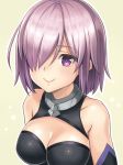  1girl arms_at_sides bare_shoulders blush breasts cleavage cleavage_cutout closed_mouth collarbone fate/grand_order fate_(series) female green_background hair_over_one_eye highres large_breasts lavender_hair looking_at_viewer neck shielder_(fate/grand_order) shinno shiny shiny_clothes short_hair simple_background sleeveless smile solo type-moon upper_body violet_eyes white_background 