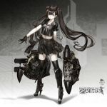  1girl armor armored_boots black_boots black_eyes black_gloves black_hair black_legwear black_serafuku black_shirt black_skirt boots bow bowtie collarbone crop_top floating_hair full_body girls_frontline gloves high_heel_boots high_heels highres infukun knee_boots long_hair looking_at_viewer midriff miniskirt navel open_mouth pleated_skirt school_uniform serafuku shirt short_sleeves skirt smile solo standing stomach thigh-highs twintails very_long_hair white_bow white_bowtie zettai_ryouiki 