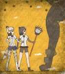 2girls african_wild_dog_(kemono_friends) african_wild_dog_ears african_wild_dog_tail animal_ears bear_ears bear_paw_hammer beige_hair beige_shirt bike_shorts black_bow black_bowtie black_cerulean_(kemono_friends) black_eyes black_gloves black_hair black_shorts black_skirt boots bow bowtie brown_bear_(kemono_friends) brown_boots clenched_hands closed_mouth collared_shirt commentary_request crack egyptian_art elbow_gloves fingerless_gloves from_side gloves height_difference highres holding kemono_friends kita_(7kita) legs_apart long_sleeves looking_up microskirt multicolored_hair multiple_girls pantyhose pleated_skirt profile sandstar_low shirt short_hair short_sleeves shorts skirt standing two-tone_hair white_boots white_hair white_shirt wing_collar yellow_background 