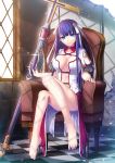  1girl armchair ass barefoot blue_eyes breasts chair cleavage dress fate/grand_order fate_(series) highres large_breasts long_hair looking_at_viewer purple_hair saint_martha sitting smile solo staff yoshida_takuma 