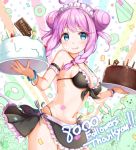  1girl blue_eyes blush bracelet breasts cake candle cleavage double_bun eyebrows_visible_through_hair food fork headdress holding holding_plate jewelry looking_at_viewer medium_breasts na53 navel original pink_hair plate smile solo spoon standing swimsuit tongue tongue_out 