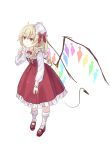  1girl adapted_costume alternate_hairstyle blonde_hair bow dress drill_hair flandre_scarlet full_body hat hat_bow highres long_hair long_sleeves mary_janes mini_hat red_bow red_dress red_eyes red_shoes shika_lq shoes simple_background socks solo standing touhou white_background white_hat white_legwear wings 