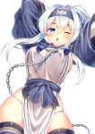  1girl ainu ainu_clothes blue_eyes blush breasts chains cropped_jacket folded_ponytail hair_between_eyes highres kamoi_(kantai_collection) kantai_collection large_breasts long_hair ntk_(7t5) one_eye_closed open_mouth sidelocks simple_background solo white_background white_hair 
