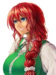  1girl alternate_hairstyle bangs blue_eyes braid breasts chinese_clothes hair_ornament hair_over_shoulder hair_scrunchie hong_meiling koyubi_(littlefinger1988) large_breasts long_hair looking_away parted_lips redhead scrunchie single_braid smile solo tangzhuang touhou upper_body 