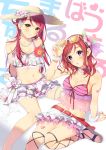  2girls :o ankle_lace-up bangle belt bikini_skirt bikini_top blush bow bracelet breasts brown_eyes cleavage cross-laced_footwear earrings floral_print flower frills hair_bow hair_flower hair_ornament hat hat_flower heart highres jewelry long_hair looking_at_viewer love_live! love_live!_school_idol_project love_live!_sunshine!! medium_breasts midriff multiple_girls navel necklace nishikino_maki redhead sakurauchi_riko sandals sitting smile straw_hat sun_hat swimsuit thighlet violet_eyes yana_mori 