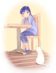  1girl blue_hair blue_shoes blush_stickers capri_pants cat chair highres idolmaster kadoyuki_(kadouki) kisaragi_chihaya long_hair long_sleeves pants shoes sitting solo table white_cat 