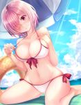  1girl alternate_costume beach beach_towel beach_umbrella bikini blush breasts collarbone day fate/grand_order fate_(series) front-tie_top gluteal_fold hair_over_one_eye inflatable_toy kneeling large_breasts nanashino_kanon navel outdoors parted_lips pink_bikini pink_eyes pink_hair shielder_(fate/grand_order) short_hair side-tie_bikini solo strap_pull swimsuit towel umbrella white_bikini 