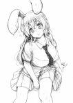  1girl animal_ears bangs between_breasts blush breasts collared_shirt flying_sweatdrops greyscale large_breasts long_hair looking_at_viewer miniskirt monochrome necktie necktie_between_breasts pleated_skirt rabbit_ears reisen_udongein_inaba see-through shirt simple_background sitting skirt solo touhou wc3215410 wet wet_clothes white_background wing_collar 