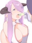  1girl bare_shoulders blue_eyes breasts cleavage fujiyama granblue_fantasy hair_over_one_eye horns large_breasts leaf leaning_forward long_hair narumeia_(granblue_fantasy) open_mouth pointy_ears purple_hair saliva simple_background tongue white_background 