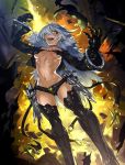  1girl :d black_legwear breasts earrings fangs fur_trim gauntlets hair_over_one_eye jewelry long_hair looking_at_viewer open_mouth pixiv_fantasia pointy_ears shinazo shorts silver_hair smile solo teeth yellow_eyes 
