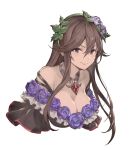  &gt;:) 1girl bare_shoulders blue_eyes breasts brooch brown_hair choker cleavage closed_mouth dress eyebrows_visible_through_hair flower granblue_fantasy hair_between_eyes hair_flower hair_ornament hairband jewelry kakage large_breasts lips long_hair looking_at_viewer off-shoulder_dress off_shoulder rosetta_(granblue_fantasy) sidelocks smile solo transparent_background upper_body 