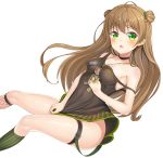  1girl 2drr bangs breasts brown_hair camisole double_bun eyebrows_visible_through_hair fishnet_legwear fishnets girls_frontline green_eyes highres kneehighs long_hair looking_at_viewer medium_breasts mismatched_legwear open_mouth rfb_(girls_frontline) simple_background smile solo strap_slip striped striped_legwear thigh_strap white_background 