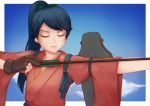  1girl archery black_hair blush bow_(weapon) brown_gloves closed_eyes facing_viewer fingerless_gloves gloves highres holding holding_arrow holding_bow_(weapon) holding_weapon houshou_(kantai_collection) jacy kantai_collection long_hair parted_lips ponytail short_sleeves solo weapon 