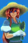  1girl bangs blue_eyes braid breasts chinese_clothes closed_mouth gloves hat hong_meiling koyubi_(littlefinger1988) large_breasts long_hair looking_at_viewer puffy_short_sleeves puffy_sleeves redhead shaded_face short_sleeves shovel smile solo straw_hat tangzhuang touhou twin_braids upper_body white_gloves worktool 