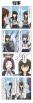  4koma 6+girls ^_^ akebono_(kantai_collection) bangs bell black_hair blue_hair blue_sky blunt_bangs breasts brown_eyes closed_eyes clouds comic commentary_request dress fingerless_gloves flower gloves hair_bell hair_between_eyes hair_flower hair_ornament hair_tie hand_on_hip hatsuyuki_(kantai_collection) headgear hidden_eyes highres jitome kantai_collection long_hair long_sleeves low_twintails mechanical_halo miyuki_(kantai_collection) multiple_girls murakumo_(kantai_collection) neckerchief open_mouth parted_bangs pleated_skirt pointing pointing_at_self purple_hair rappa_(rappaya) red_eyes rigging sailor_dress school_uniform serafuku shaded_face shirayuki_(kantai_collection) short_sleeves side_ponytail sidelocks skirt sky small_breasts smile sweatdrop tatsuta_(kantai_collection) translation_request trembling turret twintails violet_eyes wide-eyed 