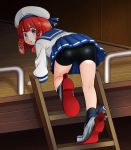  1girl all_fours ass bent_over bike_shorts blue_sailor_collar blue_skirt braid chestnut_mouth etorofu_(kantai_collection) from_behind gloves hat highres jougenmushi kantai_collection ladder long_sleeves looking_at_viewer open_mouth pleated_skirt redhead sailor_hat school_uniform serafuku short_hair skirt thick_eyebrows twin_braids violet_eyes white_gloves white_hat 