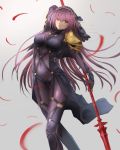  1girl breasts brown_hair eyebrows_visible_through_hair fate/grand_order fate_(series) highres holding_spear k_ryo large_breasts long_hair looking_at_viewer parted_lips polearm red_eyes scathach_(fate/grand_order) solo spear weapon 