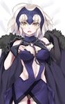  1girl bare_shoulders blonde_hair blush breasts cape chains elbow_gloves fate/grand_order fate_(series) fur_trim gloves headpiece jeanne_alter lying navel open_mouth panties ruler_(fate/apocrypha) solo tsurusaki_takahiro underwear yellow_eyes 
