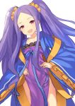  1girl dress fate/grand_order fate_(series) hands_on_hips japanese_clothes kame^^ kimono long_hair open_clothes open_kimono open_mouth pelvic_curtain purple_dress purple_hair scrunchie smile solo twintails very_long_hair violet_eyes wu_zetian_(fate/grand_order) 