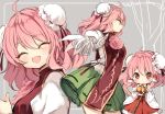  1girl ^_^ ^o^ bandage bandaged_arm bare_shoulders bun_cover chinese_clothes closed_eyes cosplay detached_sleeves double_bun flower green_skirt hair_tubes hakurei_reimu hakurei_reimu_(cosplay) ibaraki_kasen multiple_views pink_eyes pink_hair pink_rose piyokichi rose short_hair skirt smile touhou 