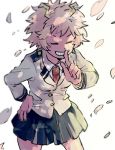  1girl ^_^ ashido_mina boku_no_hero_academia cherry_blossoms closed_eyes finger_to_mouth hand_on_hip happy horns necktie pink_hair pink_skin pleated_skirt school_uniform short_hair simple_background skirt smile solo teeth white_background 