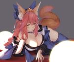  1girl animal_ears bangs blue_bow blue_legwear bow breasts cleavage detached_collar detached_sleeves fate/extra fate_(series) fox_ears fox_tail hair_bow highres japanese_clothes kimono large_breasts long_hair long_sleeves looking_at_viewer lying obi on_side pink_hair sash solo tail tamamo_(fate)_(all) tamamo_no_mae_(fate) thighhighs toriumi_harumi wide_sleeves 