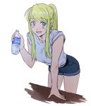  1girl bangs blonde_hair blue_eyes blush bottle earrings eyebrows_visible_through_hair fullmetal_alchemist hand_on_table jewelry long_hair looking_away open_mouth pocari_sweat ponytail riru shirt shorts simple_background sleeves_rolled_up smile solo sweat water_bottle white_background white_shirt winry_rockbell 