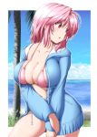 1girl ahoge alternate_costume beach bikini bikini_under_clothes blue_jacket blush breasts cleavage clouds highres jacket large_breasts long_sleeves looking_away micro_bikini nori_tamago open_clothes open_jacket palm_tree parted_lips pink_bikini pink_hair red_eyes saigyouji_yuyuko short_hair sky solo swimsuit touhou tree