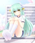  1girl absurdres blush collarbone eyebrows_visible_through_hair fate/grand_order fate_(series) feet feet_together green_hair highres horns ikazu401 kiyohime_(fate/grand_order) kneehighs long_hair looking_at_viewer no_shoes sitting smile socks soles solo white_legwear yellow_eyes 