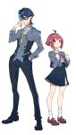  1boy 1girl ahoge bangs blazer blue_eyes blue_hair bolo_tie clenched_hand full_body gakuen_koushounin hanasaki_kaori hand_in_pocket height_difference highres houjou_makoto jacket looking_at_viewer official_art red_eyes redhead school_uniform short_hair simple_background skirt smile swept_bangs white_background yoneyama_mai 