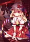  1girl arm_ribbon ascot blonde_hair bow crying dress flandre_scarlet hat hat_bow highres kuromomo looking_at_viewer mob_cap puffy_short_sleeves puffy_sleeves red_dress red_eyes ribbon sash short_sleeves side_ponytail sitting solo touhou wariza wings wrist_cuffs 