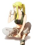  1girl bangs bare_arms bare_shoulders blonde_hair blue_eyes cup drinking earrings eyebrows_visible_through_hair fullmetal_alchemist jewelry long_hair looking_away pants ponytail rag riru sandals simple_background solo tank_top white_background winry_rockbell 