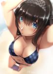  1girl arms_up beach bikini black_hair blue_eyes blue_sky breasts checkered checkered_bikini cleavage foreshortening hairband idolmaster idolmaster_cinderella_girls large_breasts long_hair looking_at_viewer murasame_nohito navel ocean sagisawa_fumika sky solo swimsuit 