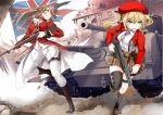  2girls absurdres beret blonde_hair boots brown_hair building combat_knife explosion girls_frontline ground_vehicle gun hat highres kabaneneko knife military military_vehicle motor_vehicle multiple_girls ponytail running sten_(girls_frontline) sten_gun tank thigh-highs twintails union_jack weapon 