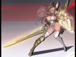 1girl armor armored_boots blonde_hair boots breasts cleavage elf faulds full_body headgear highleg highleg_panties highres holding holding_weapon huge_weapon lance large_breasts long_hair looking_at_viewer metal_wings original panties pauldrons pointy_ears polearm revealing_clothes shield sideboob sidelocks single_thigh_boot smile smjim1986 solo standing thigh-highs underwear weapon white_legwear white_panties yellow_eyes zoom_layer 