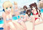  5girls aozaki_aoko arcueid_brunestud artoria_pendragon_(all) ass bare_shoulders bikini black_ribbon blonde_hair blue_bikini blue_eyes blue_ribbon brown_hair butt_crack carnival_phantasm crazy_clover_club emiya-san_chi_no_kyou_no_gohan fate/grand_order fate/hollow_ataraxia fate/stay_night fate_(series) green_eyes hair_ribbon kara_no_kyoukai long_hair looking_at_viewer melty_blood multiple_girls open_mouth pool red_bikini red_eyes ribbon ryougi_shiki saber shirotsumekusa sitting summer swimsuit tohsaka_rin tsukihime twintails type-moon waterpark white_bikini 