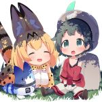  2girls :d :o animal_ears backpack bag black_tank_top blonde_hair bucket_hat chibi commentary_request elbow_gloves gloves grass green_eyes green_hair hat hat_feather highres kaban_(kemono_friends) kemono_friends lucky_beast_(kemono_friends) makuran multiple_girls off_shoulder open_mouth oversized_clothes print_bowtie print_gloves print_skirt red_shirt serval_(kemono_friends) serval_ears serval_print serval_tail shirt short_hair shorts sitting skirt smile tail tank_top tree_shade younger |d 